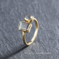 18K Gold S925 Sterling Silver Rectangle Gemstone Cuff Natural Labradorite Ring